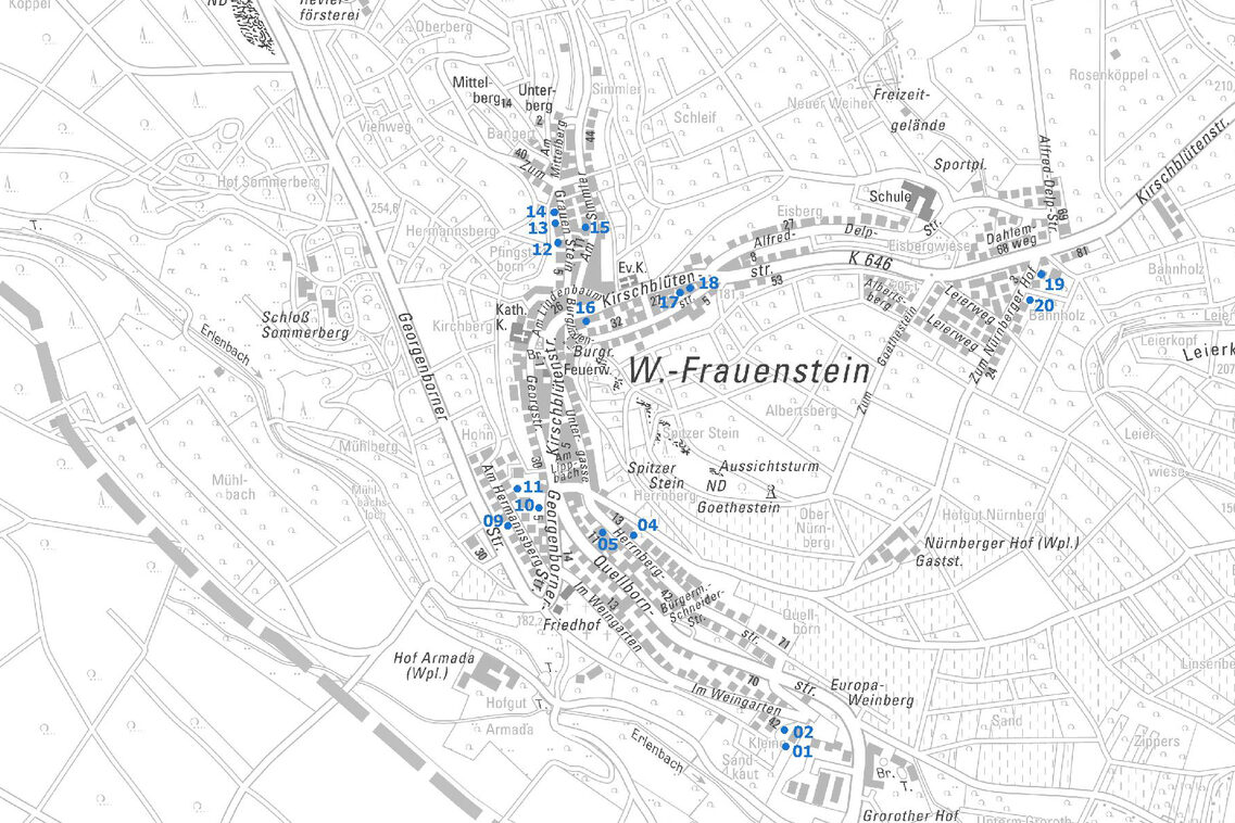 Übersichtskarte vom Ortsbezirk Frauenstein mit Punkten und Nummern der Baulücken