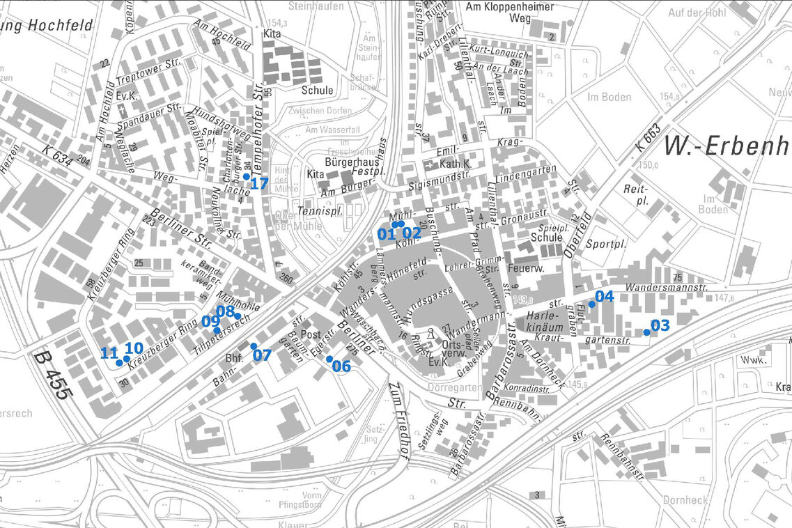 Übersichtskarte vom Ortsbezirk Erbenheim mit Punkten und Nummern der Baulücken