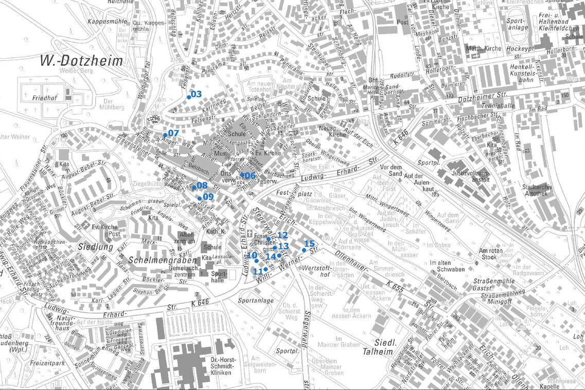Übersichtskarte vom Ortsbezirk Dotzheim mit Punkten und Nummern der Baulücken