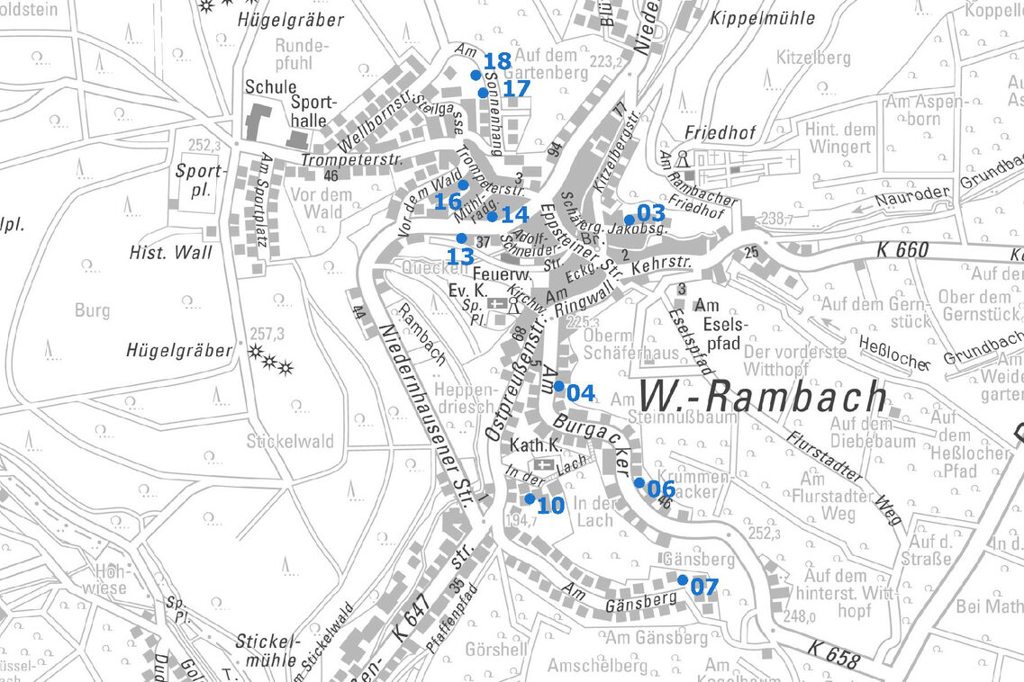 Übersichtskarte vom Ortsbezirk Rambach mit Punkten und Nummern der Baulücken