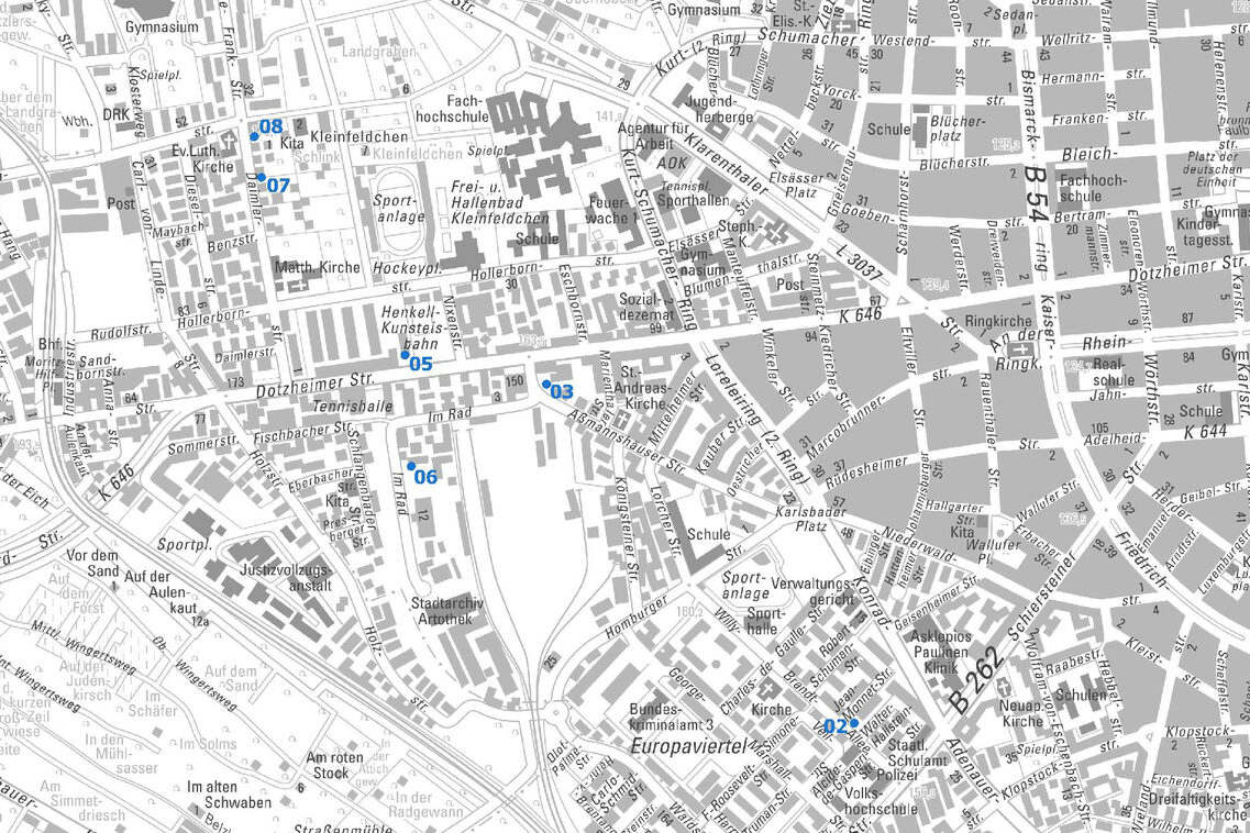 Übersichtskarte vom Ortsbezirk Rheingauviertel/Hollerborn mit Punkten und Nummern der Baulücken