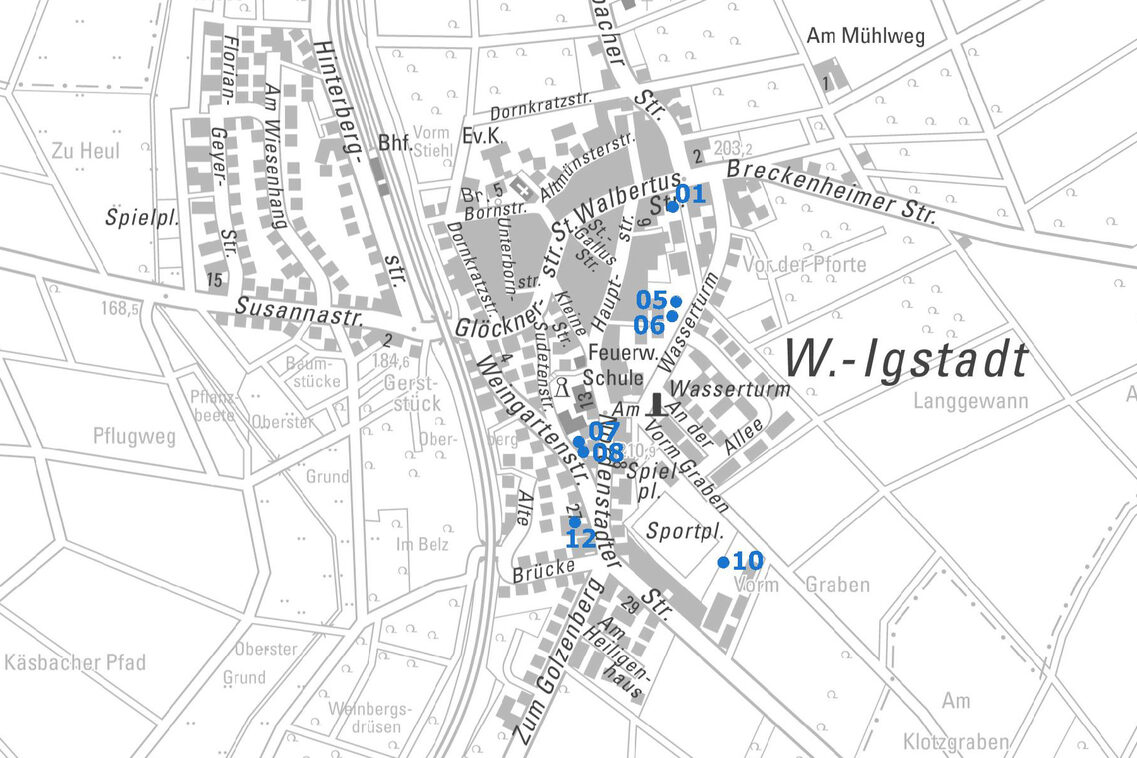 Übersichtskarte vom Ortsbezirk Igstadt mit Punkten und Nummern der Baulücken