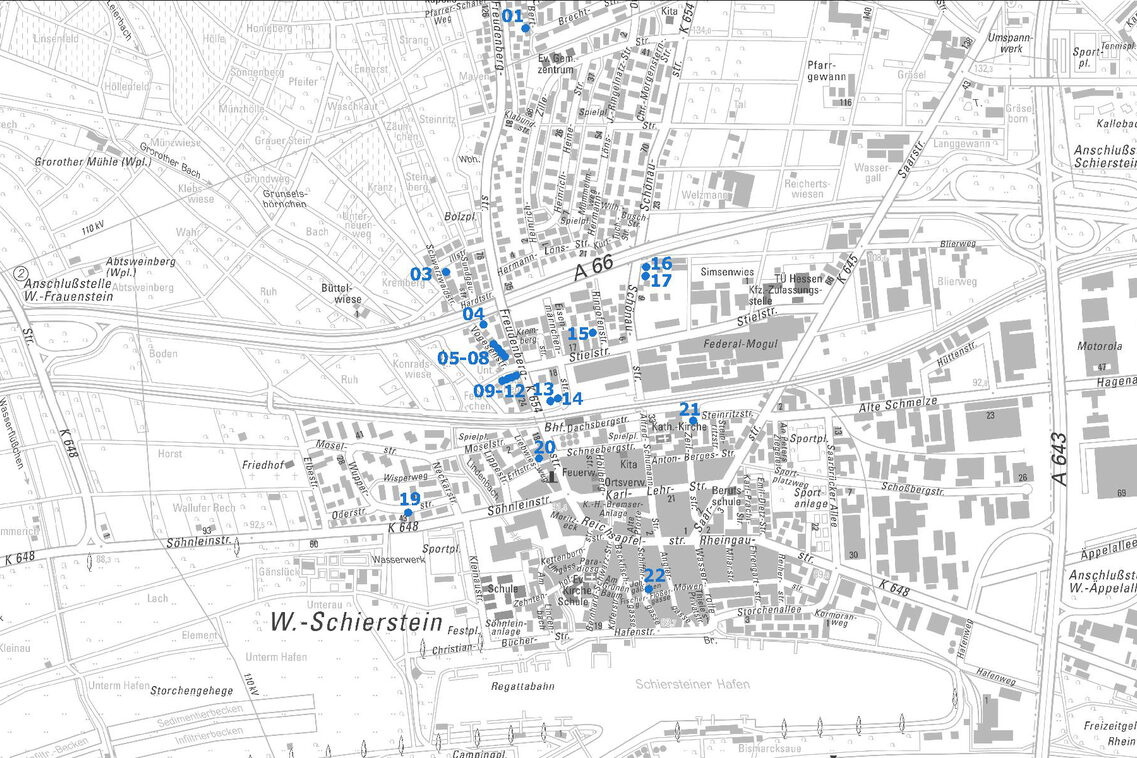 Übersichtskarte vom Ortsbezirk Schierstein mit Punkten und Nummern der Baulücken