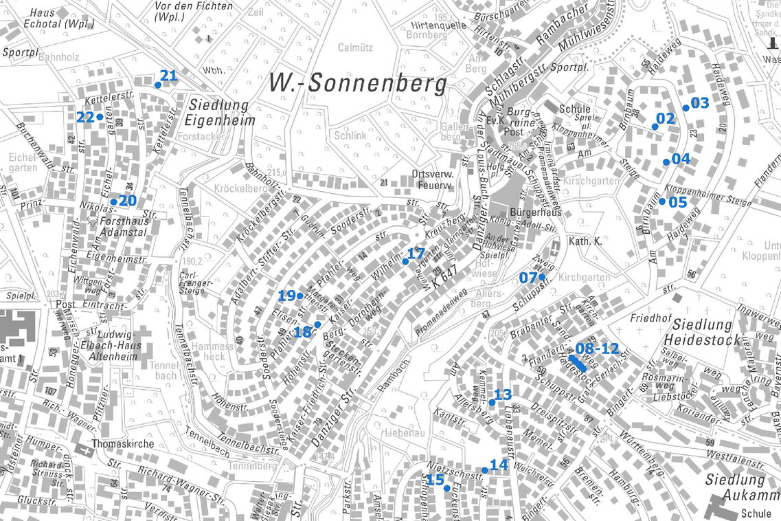 Übersichtskarte vom Ortsbezirk Sonnenberg mit Punkten und Nummern der Baulücken