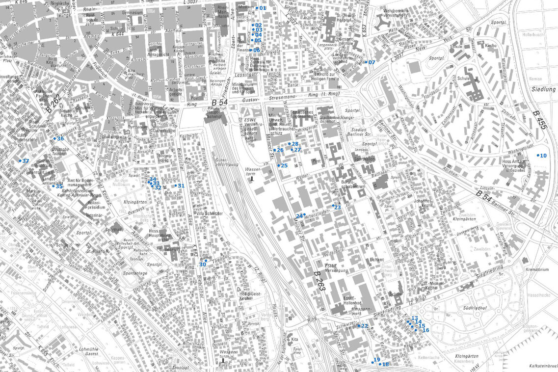 Übersichtskarte vom Ortsbezirk Südost mit Punkten und Nummern der Baulücken