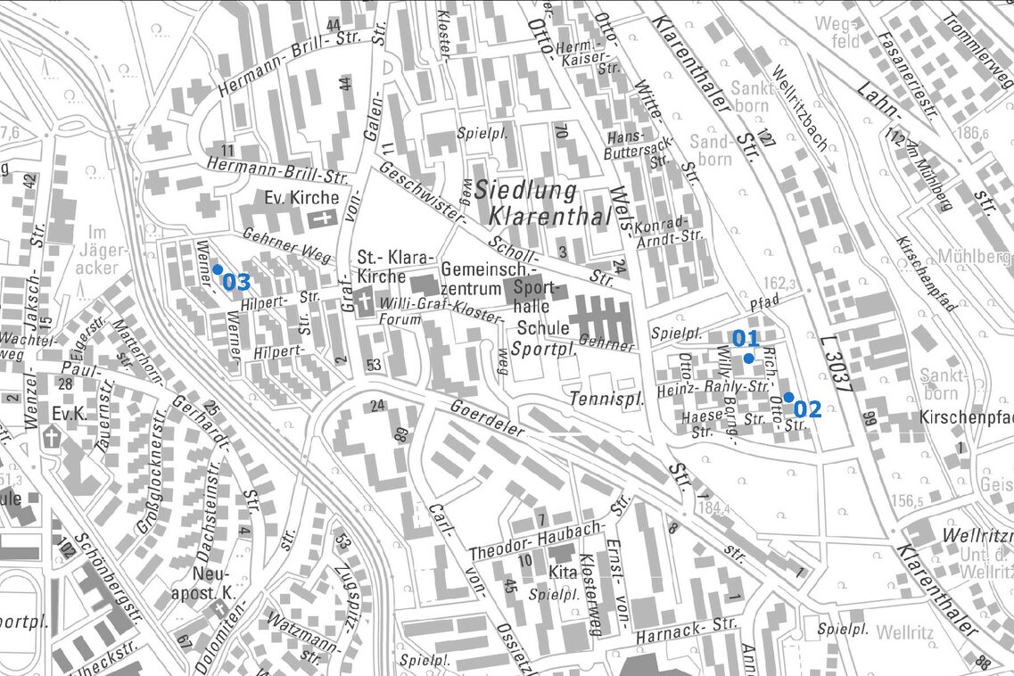 Übersichtskarte vom Ortsbezirk Igstadt mit Punkten und Nummern der Baulücken