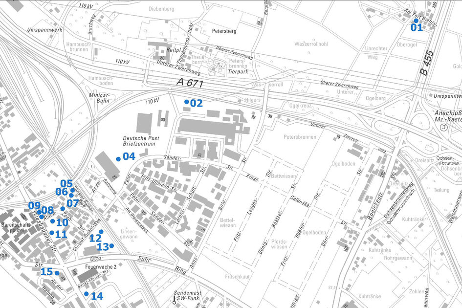 Übersichtskarte vom Ortsbezirk Kastel mit Punkten und Nummern der Baulücken