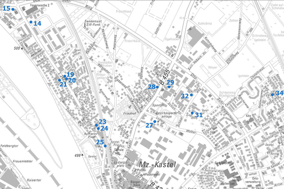 Übersichtskarte vom Ortsbezirk Kastel mit Punkten und Nummern der Baulücken
