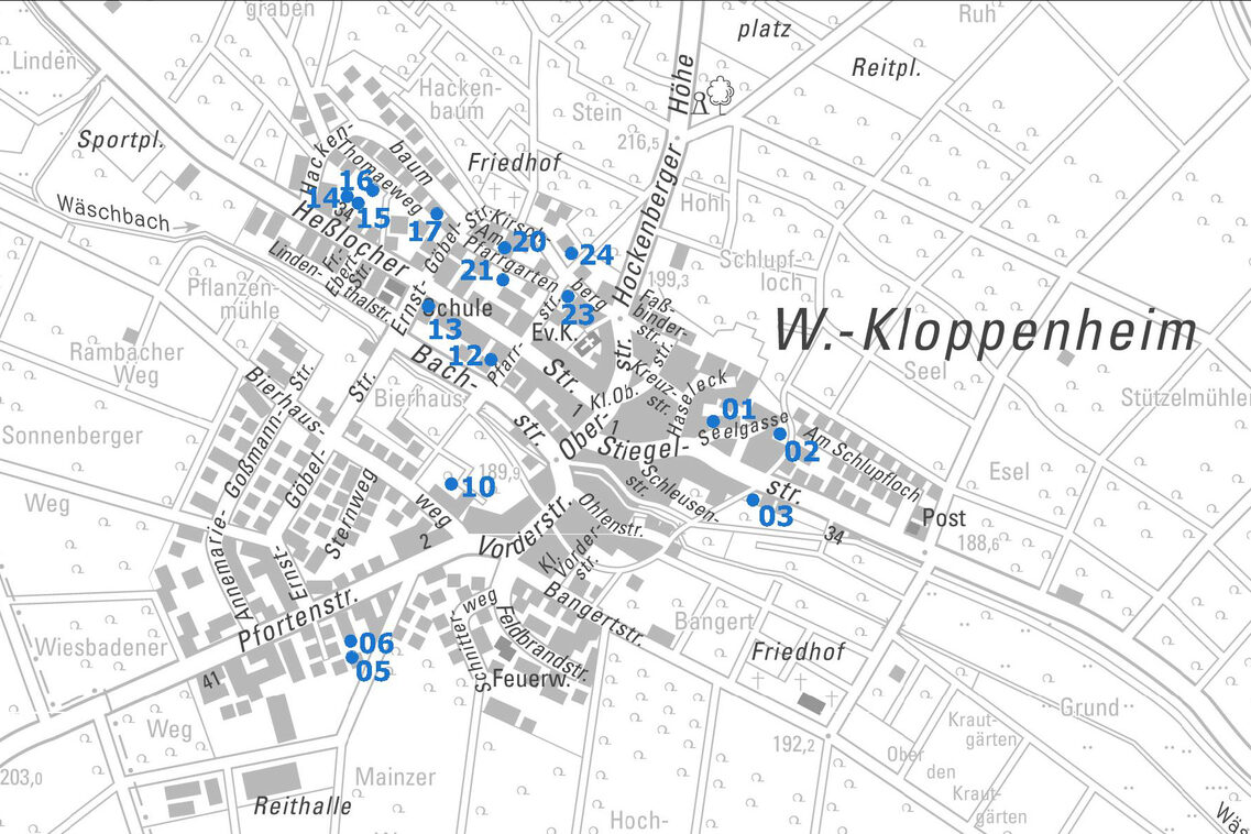 Übersichtskarte vom Ortsbezirk Kloppenheim mit Punkten und Nummern der Baulücken