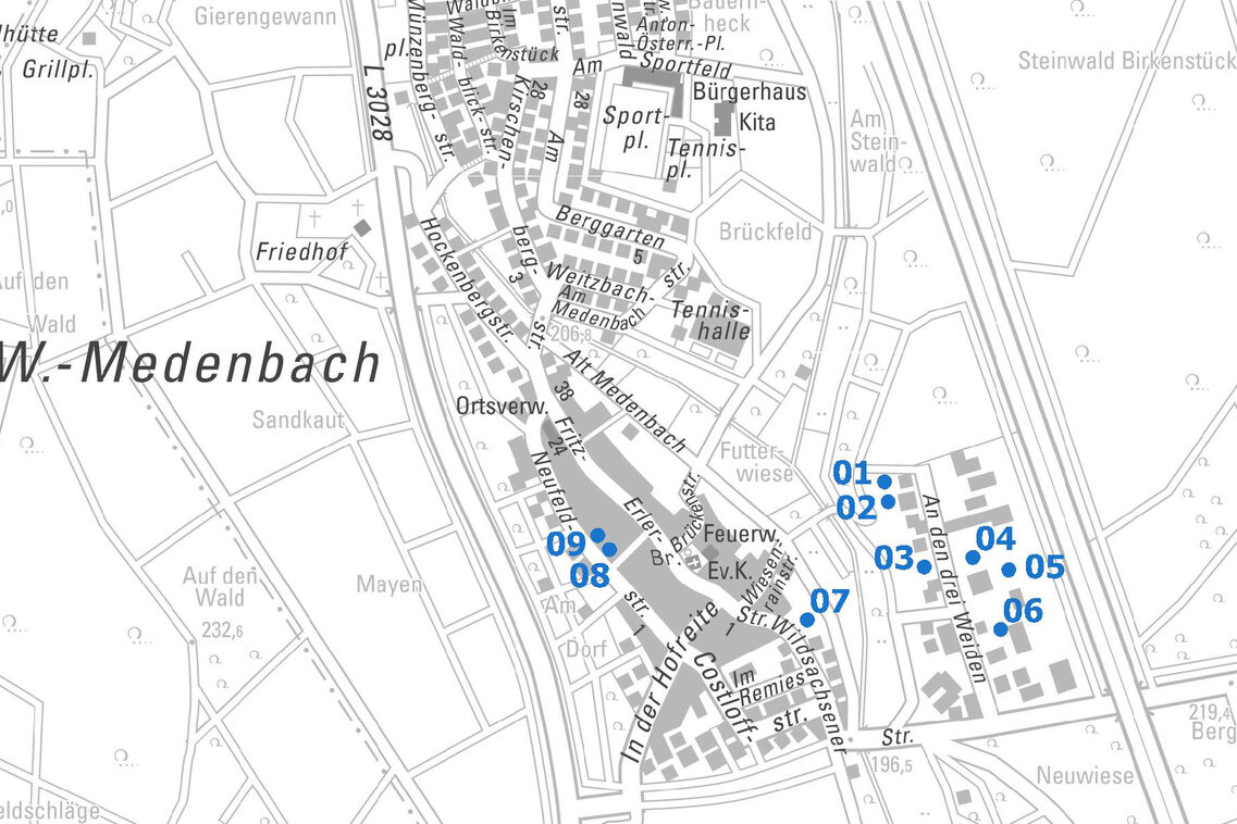 Übersichtskarte vom Ortsbezirk Medenbach mit Punkten und Nummern der Baulücken