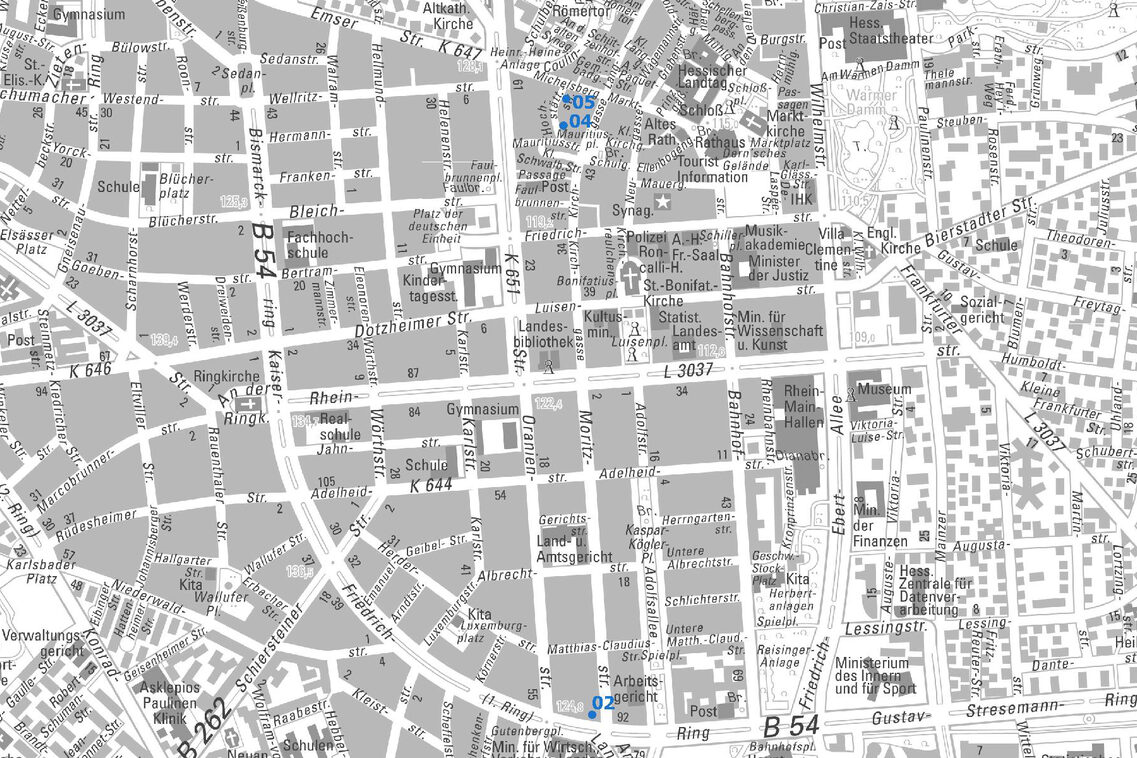 Übersichtskarte vom Ortsbezirk Mitte mit Punkten und Nummern der Baulücken