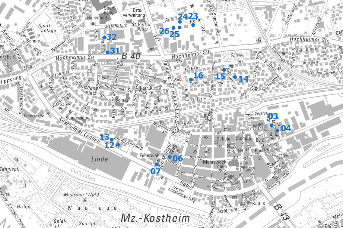 Übersichtskarte vom Ortsbezirk Kostheim mit Punkten und Nummern der Baulücken