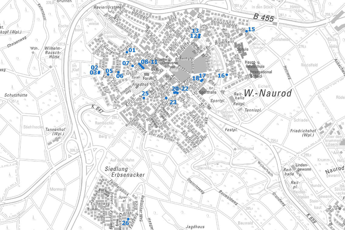 Übersichtskarte vom Ortsbezirk Naurod mit Punkten und Nummern der Baulücken