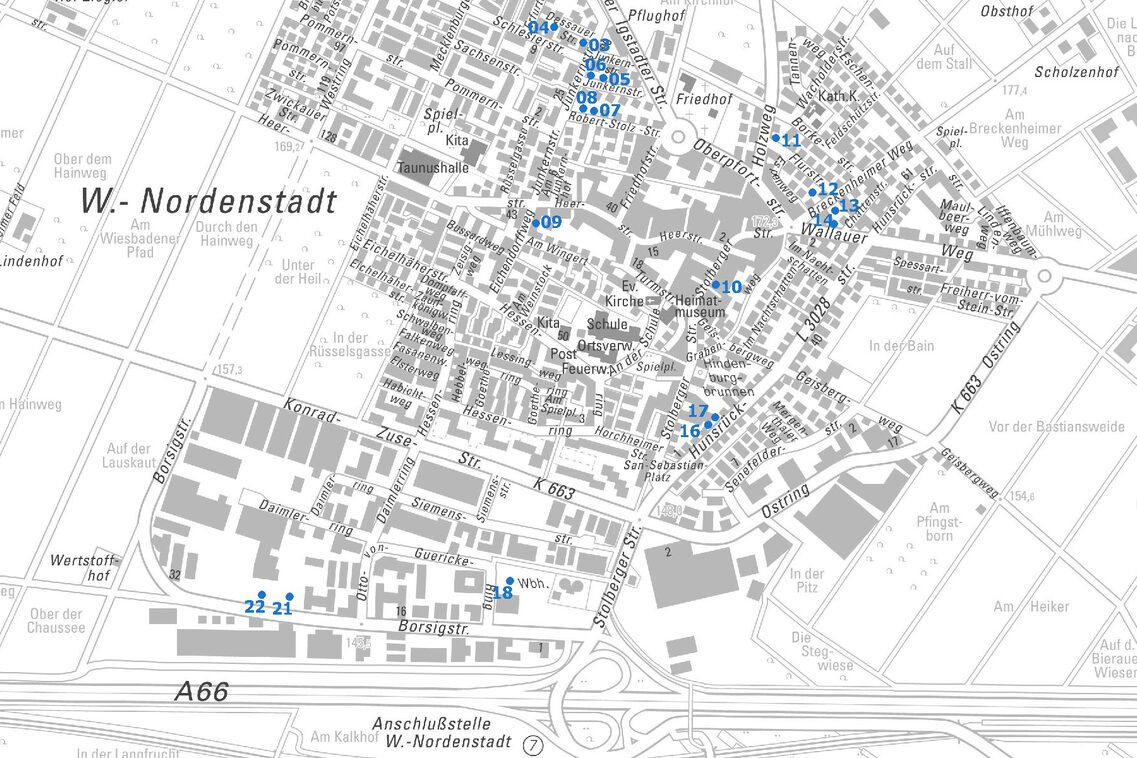 Übersichtskarte vom Ortsbezirk Nordenstadt mit Punkten und Nummern der Baulücken