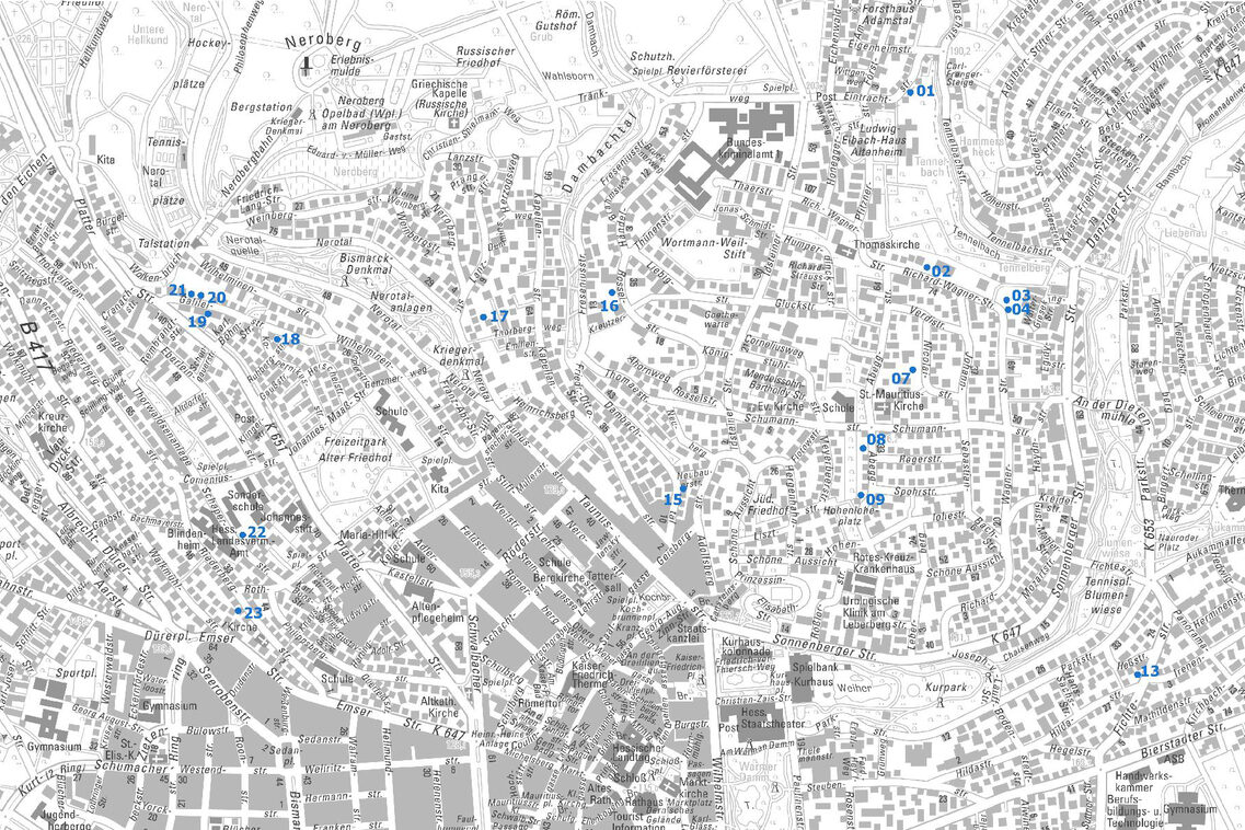 Übersichtskarte vom Ortsbezirk Nordost mit Punkten und Nummern der Baulücken