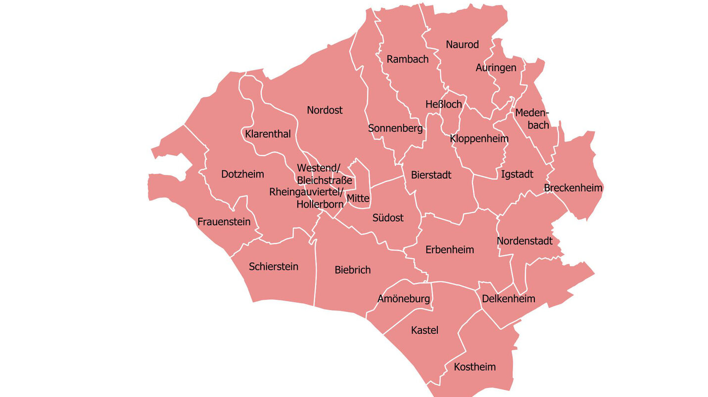 Karte mit Umgrenzung von Wiesbaden und Abgrenzung der Ortsbezirke