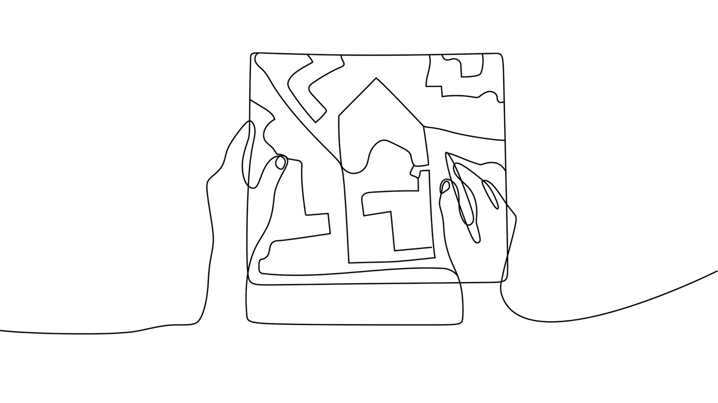 In der Grafik sind mit einer schwarzen durchgängigen Linie zwei Hände dargestellt, die einen Plan zeichnen