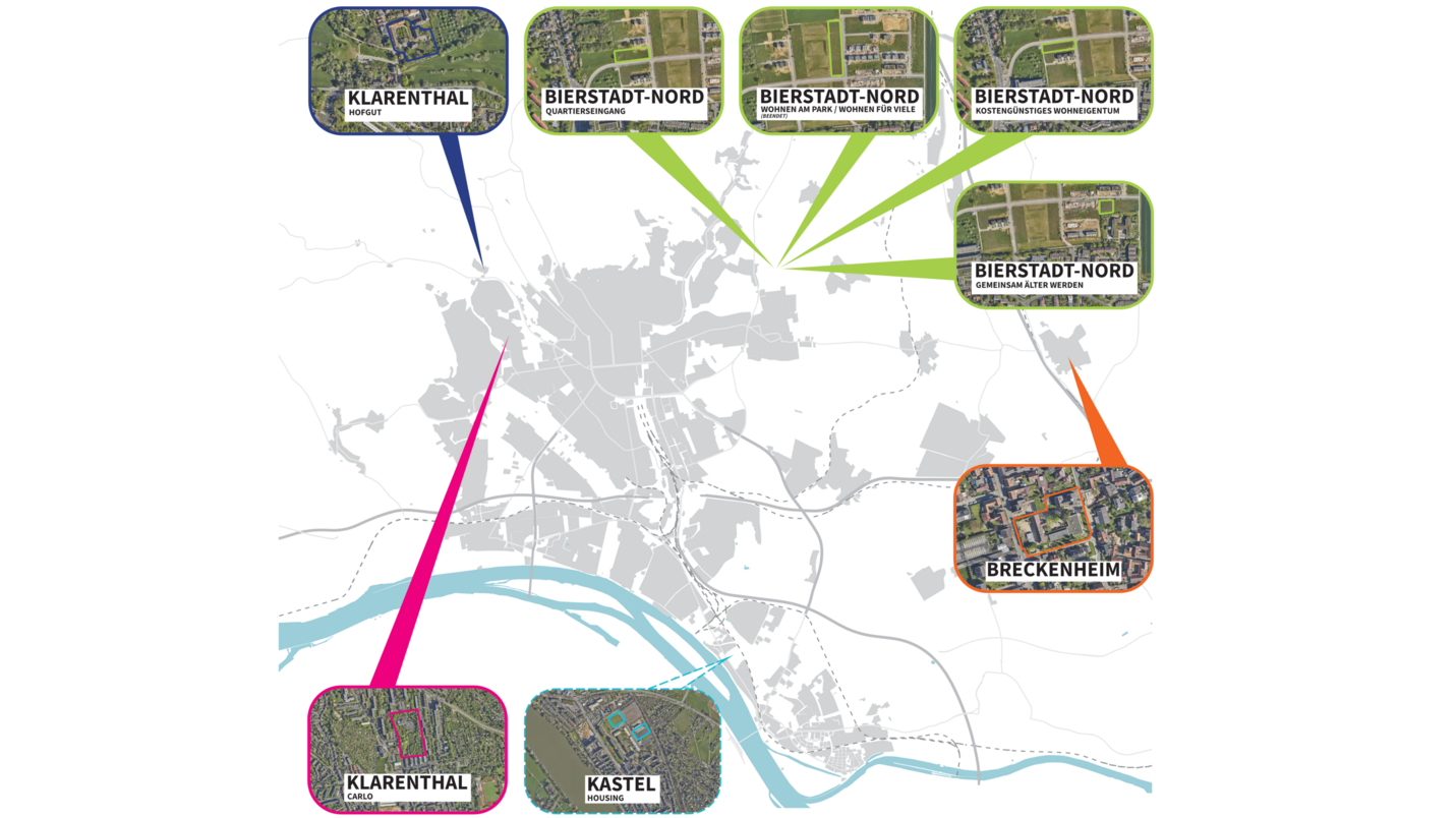 Übersichtskarte von Wiesbaden mit weißem Hintergrund und davor in hellgrauer Farbe hervorgehoben die besiedelten Flächen. Die Flüsse im Süden sind in hellblauer Farbe dargestellt. Im Vordergrund befinden sich insgesamt acht Sprechblasen, die jeweils in unterschiedlichen Farben umrandet sind und mit einem Luftbild ausgefüllt sind. Die Sprechblasen zeigen, wo sich die Gebiete befinden, in denen Konzeptvergaben stattfinden und wie die Projekte jeweils heißen.