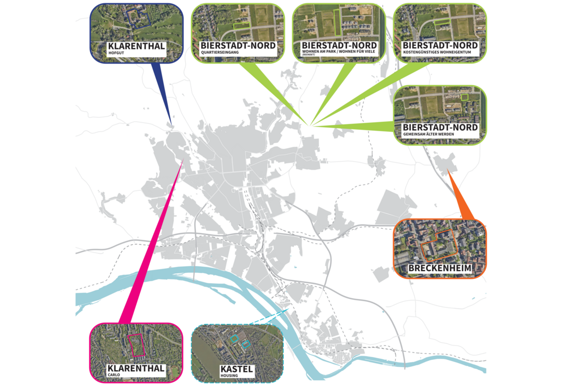 Обзорна карта на Висбаден с бял фон и населените места, подчертани в светлосиво. Реките в южната част са показани в светлосиньо. На преден план има общо осем речеви мехура, всеки от които е очертан в различен цвят и е запълнен с въздушна снимка. Мехурчетата показват къде се намират областите, в които се провеждат награждаванията на концепции, и имената на проектите.