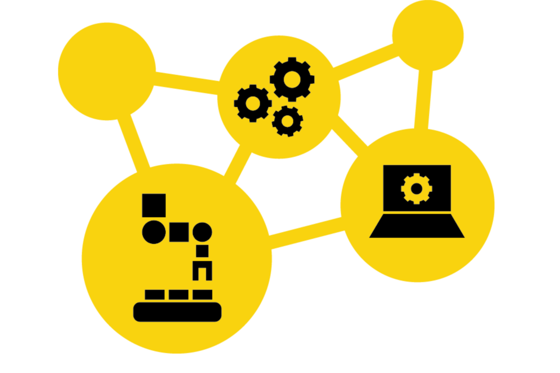 Grafik zu industrieller Automatisierung mit Icons von Robotern, Zahnrädern und einem Laptop, die Vernetzung zeigen.