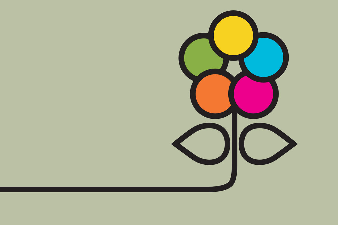 Illustration einer stilisierten Blume mit bunten Blüten in Gelb, Orange, Pink, Blau und Grün auf einem grauen Hintergrund.