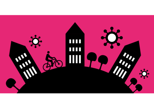 Grafica di una città post-corona con edifici stilizzati, alberi e una persona in bicicletta. Sfondo in rosa con simboli virali.
