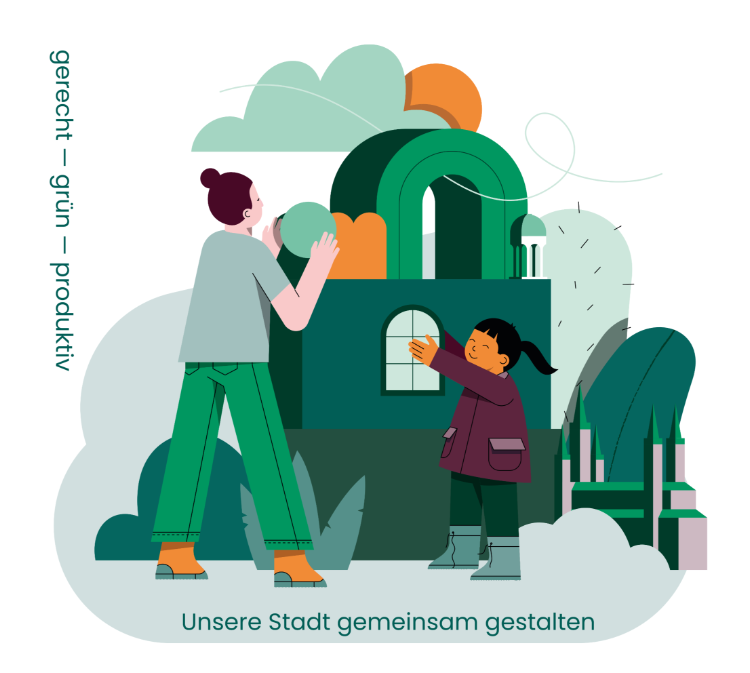 Grafische Flächen in grün und orange; zwei Personen, die einzelne Flächen in den Händen halten. Unter dem Bild steht "Unsere Stadt gemeinsam gestalten".