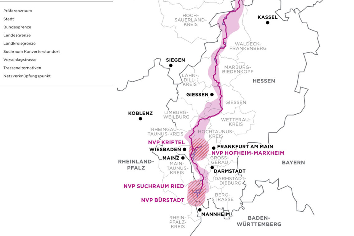 Der Kartenausschnitt zeigt die lila markierte Trassenführung des Rhein-Main-Links, die sich von Kassel bis nach Bürstadt erstreckt.