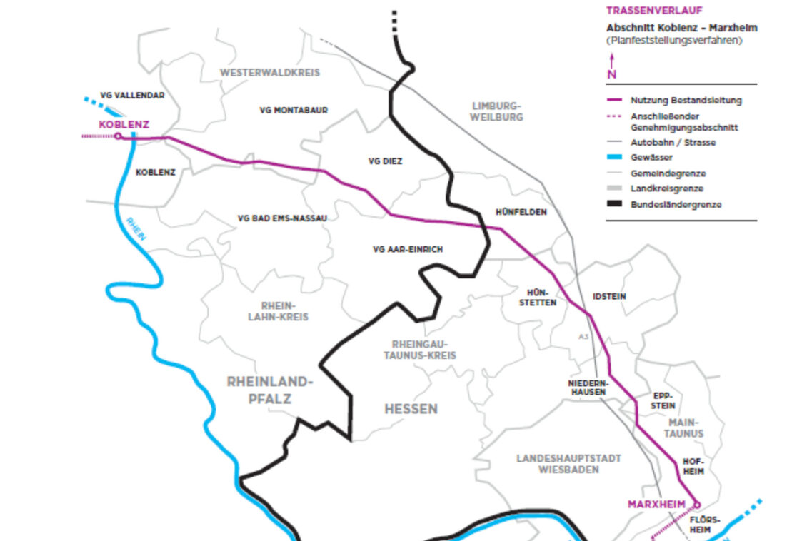 Der Kartenausschnitt zeigt die lila markierte Trassenführung der Höchstspannungsleitung, die sich von Koblenz bis nach Marxheim erstreckt