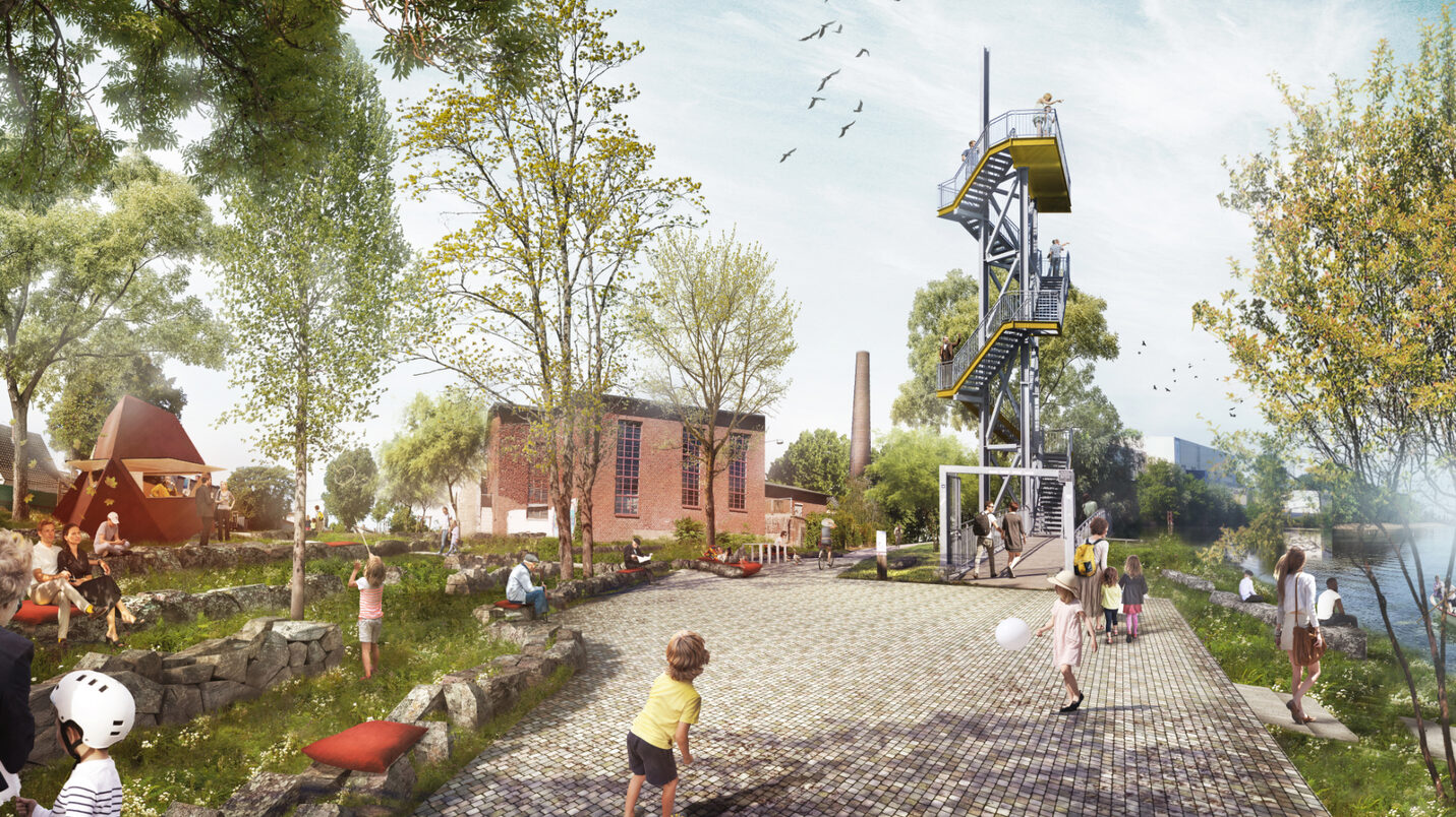 Η απεικόνιση δείχνει ότι οι άνθρωποι περνούν χρόνο εδώ. Χρησιμοποιούν τα καθίσματα στο νέο περιβάλλον του πύργου παρατήρησης.