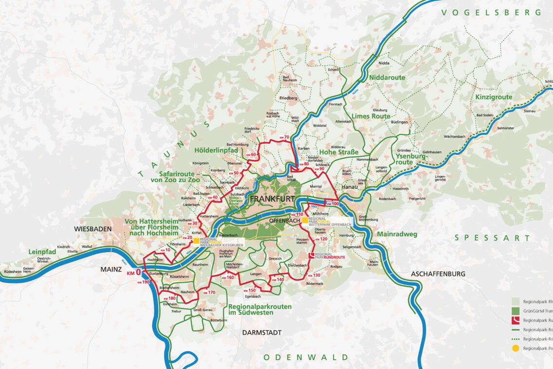 Eine Karte zeigt die Metropolregion RheinMain und ihren Regionalparkrouten.