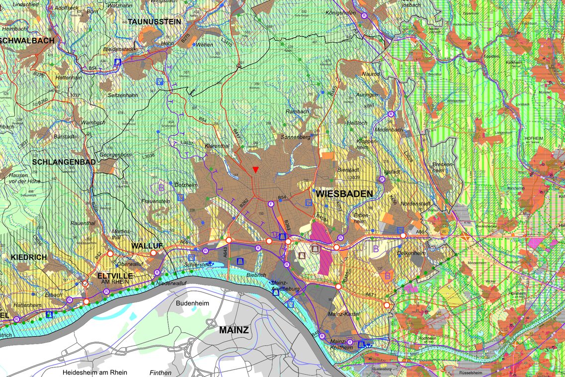 Kartenausschnitt der Stadt Wiesbaden mit bunten Flächen