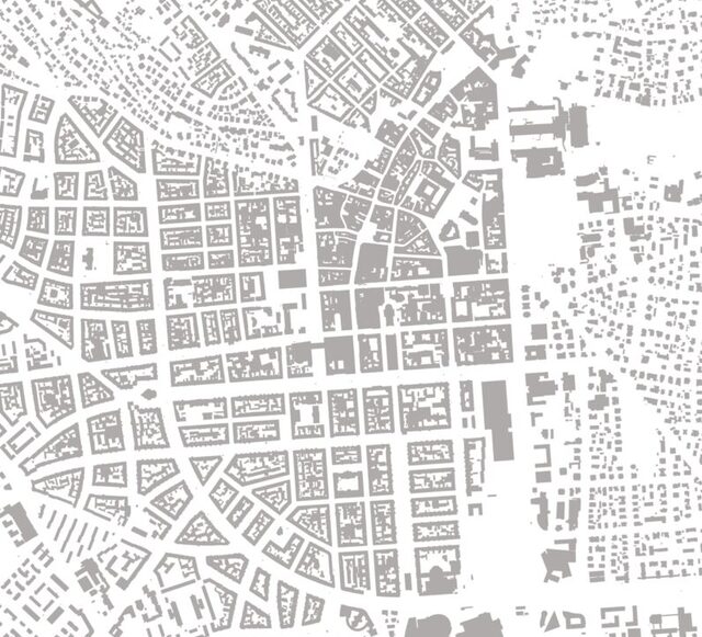 Obraz przedstawia kartograficzną reprezentację (czarna mapa) Wiesbaden. Zawiera ona różne szare i białe obszary, linie i wielokąty, które reprezentują różne elementy geograficzne lub infrastrukturalne. Rozpoznawalne są ulice, budynki, tereny zielone i obszary wodne.