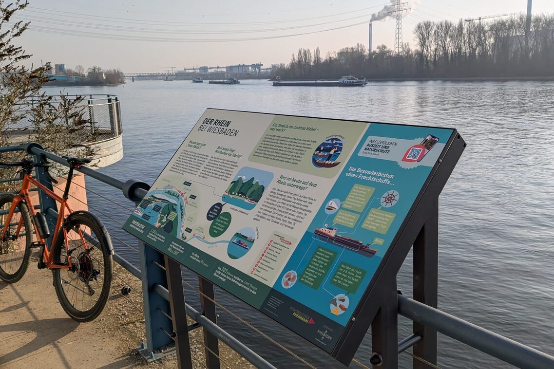 Auf dem Foto ist eine Informationstafel zu sehen. Diese steht am Rheinufer. Der Rhein ist im Hintergrund zu sehen. Auf der Informationstafel sind bunte Bilder und Texte zu erkennen.