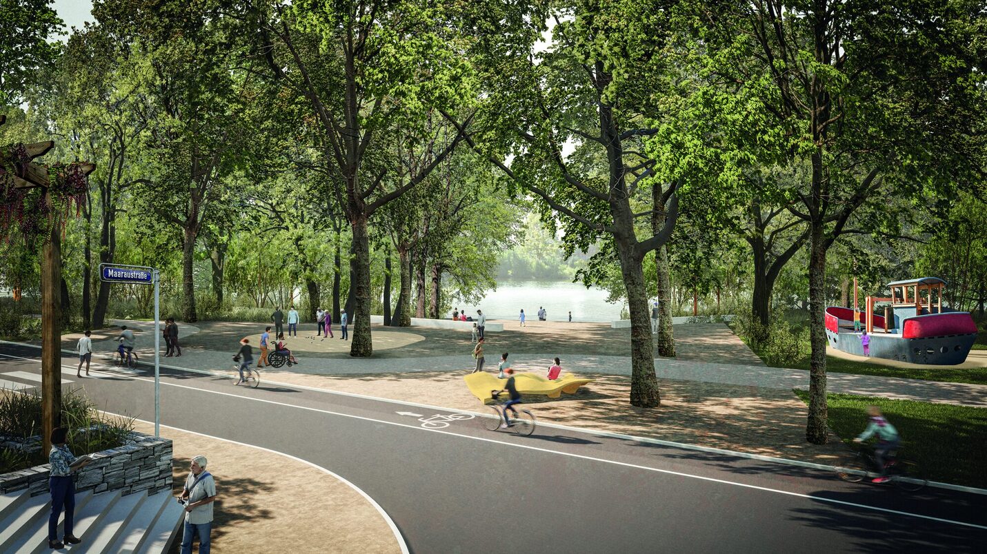 Die Visualisierung zeigt den aufgewerteten Bereich an der Schwanenbucht: mit Sitzmöglichkeiten, Blick zum Main, einer neuen Verkehrssituation und dem Spielplatz.