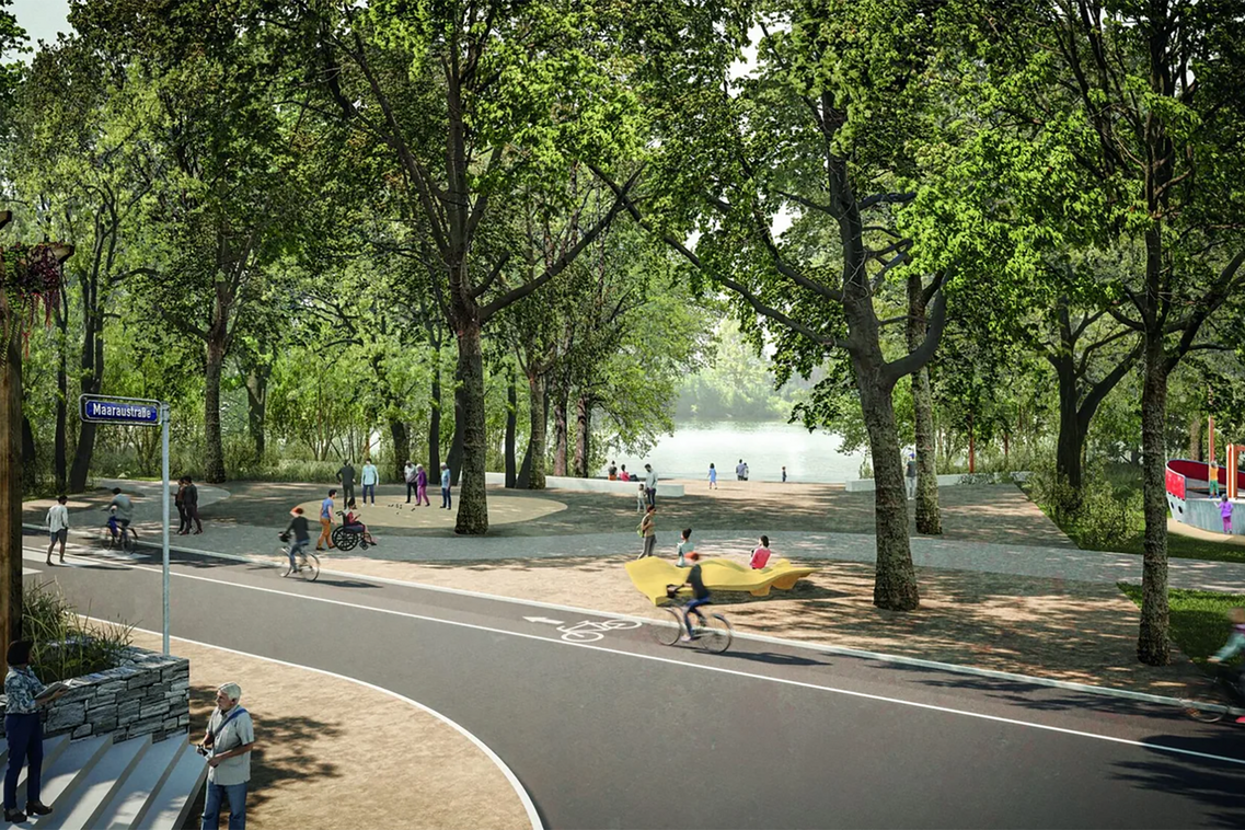 The visualization shows the upgraded area at Schwanenbucht: with seating, a view of the Main, a new traffic situation and the playground.