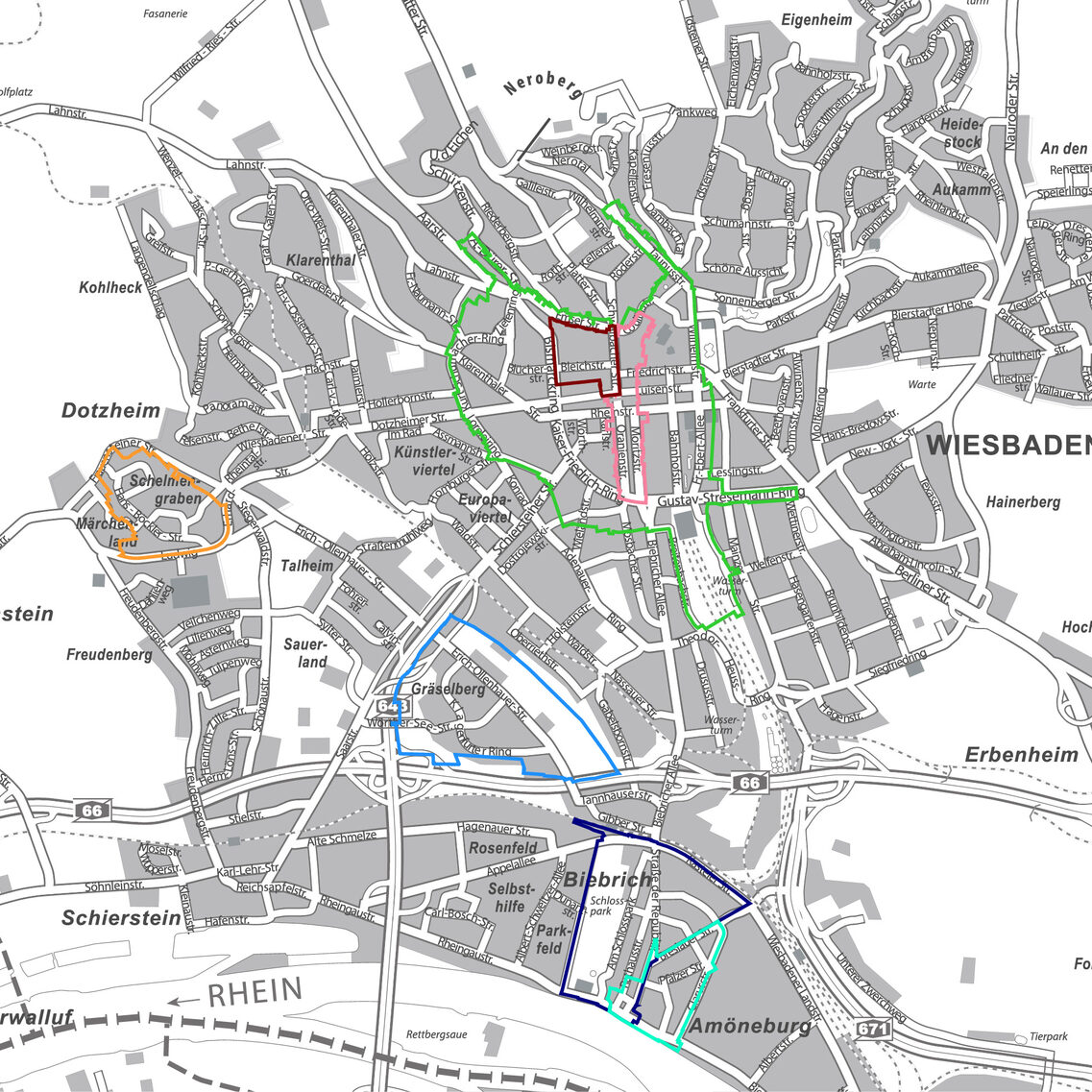Karte von Wiesbaden mit Fördergebieten
