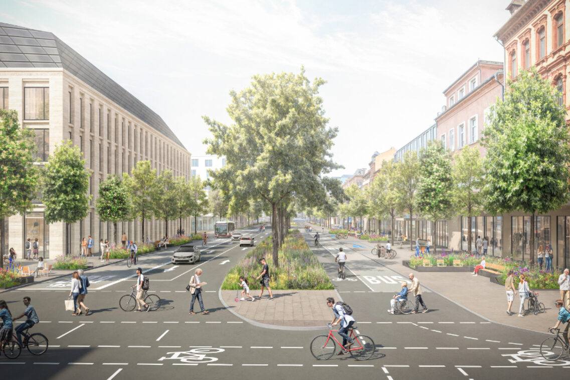 În fundal se află noua clădire a școlii Elly Heuss, trotuarele de pe ambele părți sunt mai largi și au paturi de plantare și copaci. Traficul individual în ambele direcții este direcționat pe partea de vest. Pe partea de est există o bandă pentru autobuze și o pistă pentru biciclete.