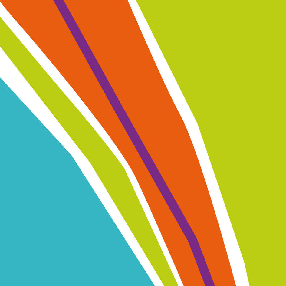 Das Bild zeigt eine abstrakte Grafik mit mehreren farbigen Flächen in Blau, Grün, Orange und Lila. Die Formen verlaufen diagonal über das Bild und sind durch weiße Linien voneinander getrennt. Die Gestaltung erinnert an eine stilisierte Landkarte und dient als Abstraktion der Wiesbadener Straße mit dem Fluss im Westen und begrünter Umgebung sowie Verkehrswegen ringsum.