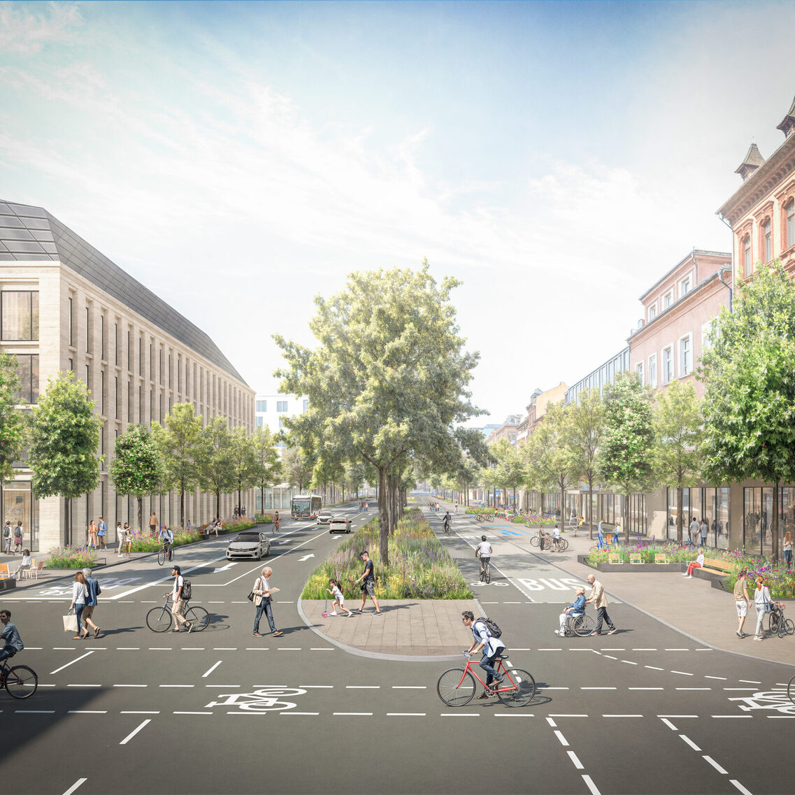 Im Hintergrund befindet sich der Neubau der Elly-Heuss-Schule, die Gehwegbereiche auf beiden Seiten sind breiter und mit Pflanzbeeten und Bäumen versehen. Der Individualverkehr in beide Richtungen wird auf der Westseite geführt. Auf der Ostseite befinden sich Busspur und Fahrradspur.