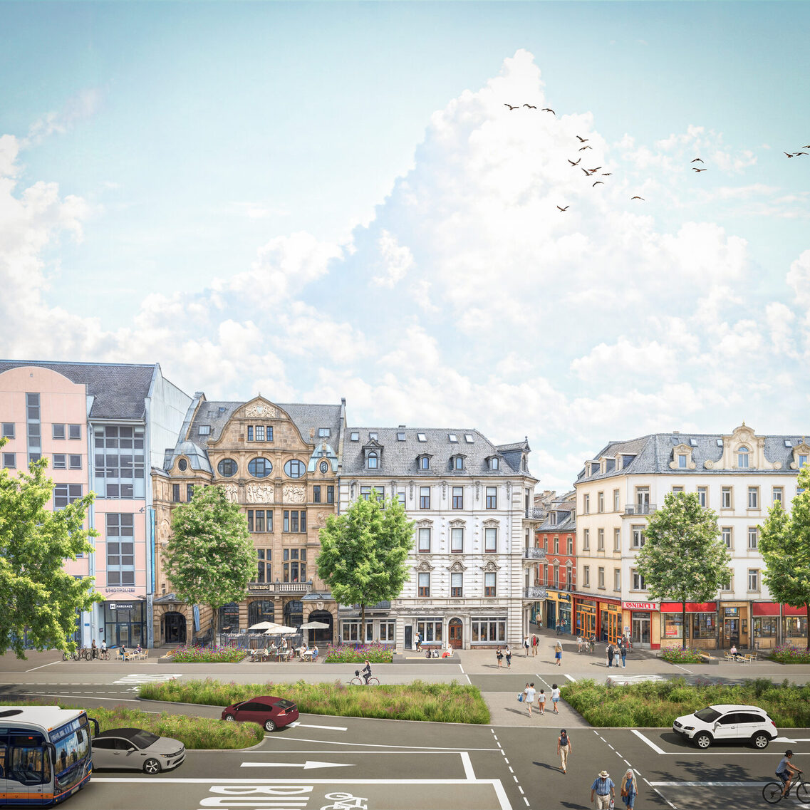 Blick auf die Ostseite auf Höhe der Mauritiusstraße: Hier soll ein neuer Fußgängerüberweg entstehen. Außengastronomie, mehr Grün und Lieferzonen sind auch hier vorgesehen.