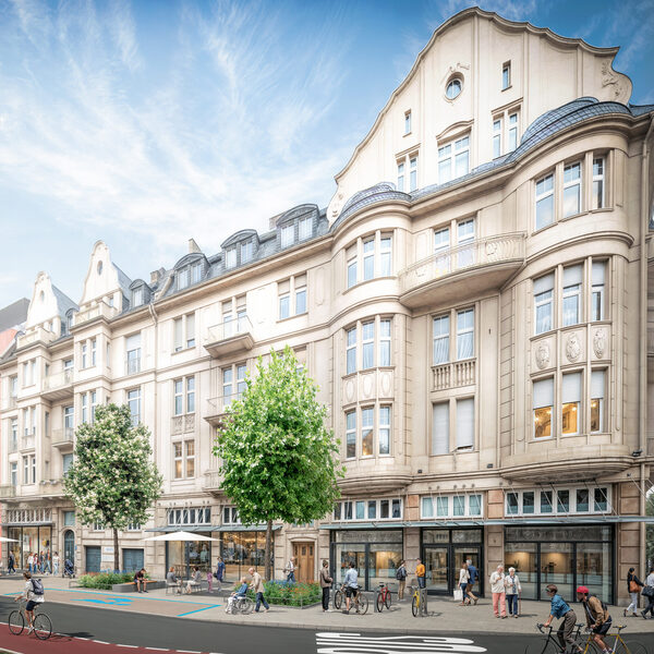 Ця візуалізація показує територію між Рейнштрассе та Luisenforum. Перед магазинами є місця громадського харчування на відкритому повітрі. Видно кілька зон доставки, які дозволяють доставляти товари до магазинів.