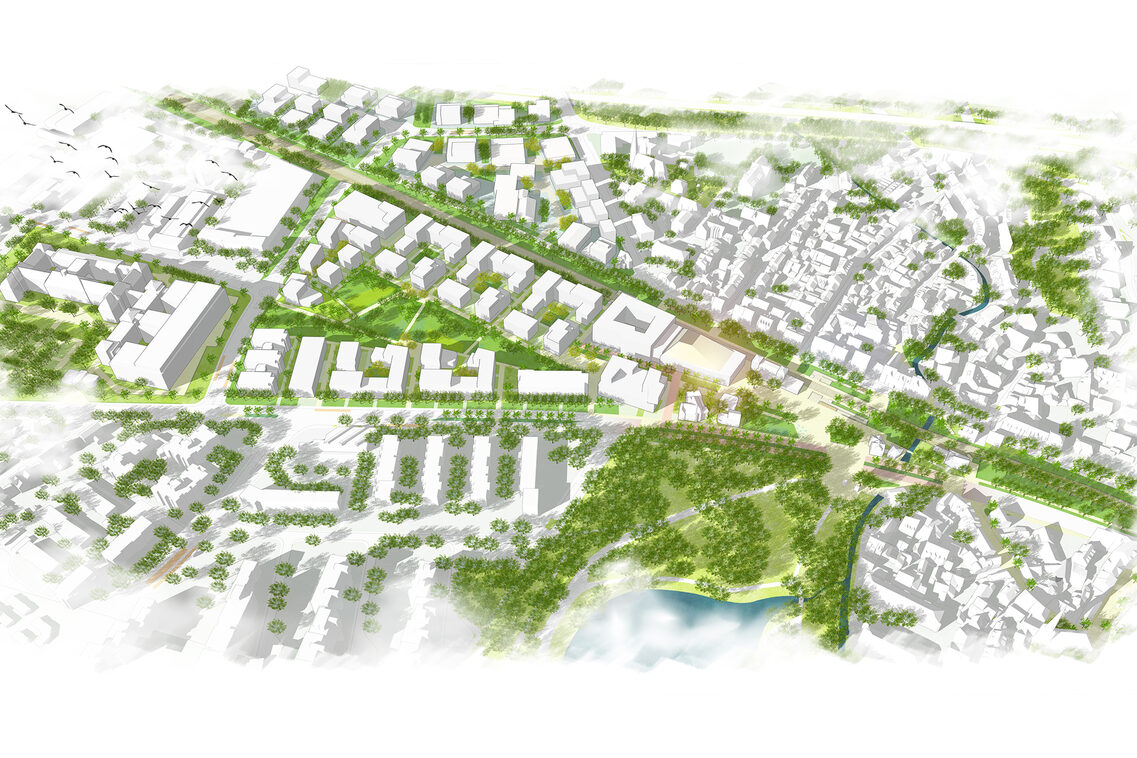 3D-Modell der möglichen baulichen Entwicklung im Bahnhofs.Quartier Biebrich.