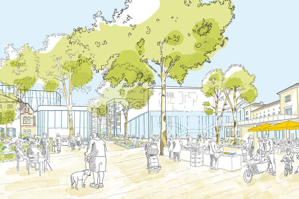 Grafische Zeichnung einer möglichen zukünftigen Gestaltung des Seligmann-Baer-Platzes. Vor dem Regionalbahnhof Wiesbaden-Biebrich und einem neuen Theater bewegen sich verschiedene Menschen auf dem Fahrrad oder zu Fuß.