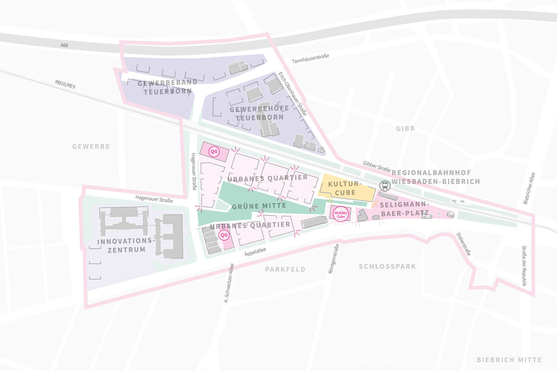 Grafische Darstellung der Verteilung neuer Nutzungen im Bahnhofs.Quartier Biebrich. Zentrale Inhalte sind Nutzungen für Wohnen, Kultur, Mobilität und Gewerbe.