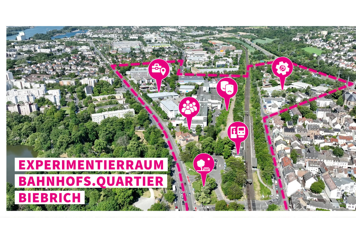 Projektplakat aus Luftbild vom Planungsgebiet in Biebrich und Symbolen für die neuen Nutzungen.