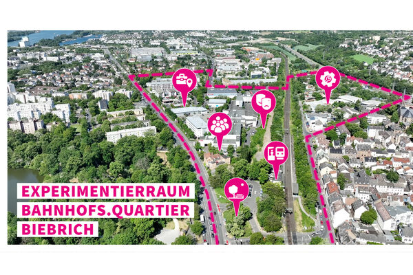 Project poster consisting of an aerial photo of the planning area in Biebrich and symbols for the new uses.