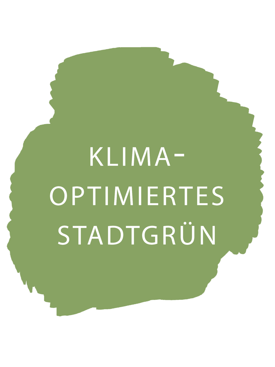 •  Ein grüner Hintergrund mit einer unregelmäßigen, künstlerischen Form, die an einen Pinselstrich erinnert. •  In der Mitte steht der weiße Text „KLIMA-OPTIMIERTES STADTGRÜN“ in Großbuchstaben. •  Das Design wirkt organisch und natürlich, passend zum Thema Nachhaltigkeit und Stadtbegrünung.