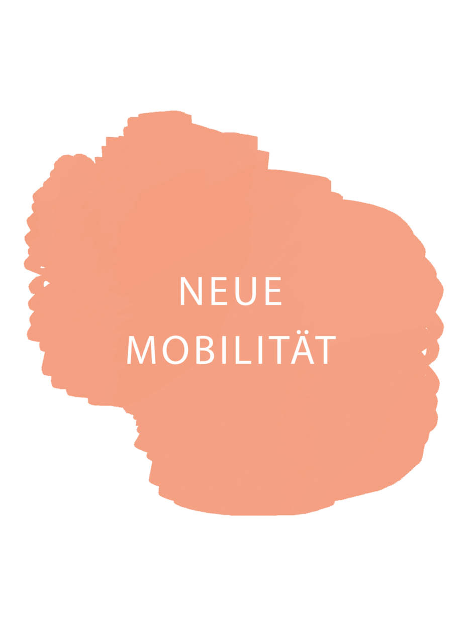 •  Ein orangefarbener Hintergrund mit einer unregelmäßigen, organischen Form, ähnlich einem Pinselstrich. •  In der Mitte steht der weiße Text „NEUE MOBILITÄT“ in Großbuchstaben. •  Das Design wirkt dynamisch und ansprechend.