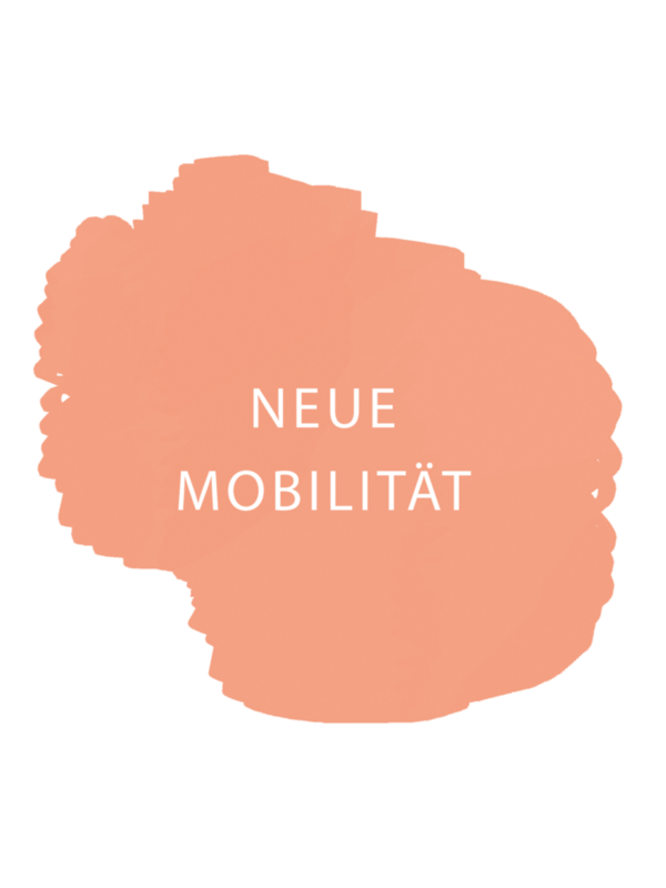 - Pomarańczowe tło o nieregularnym, organicznym kształcie, przypominającym pociągnięcie pędzla. - W centrum znajduje się biały tekst "NEUE MOBILITÄT" napisany wielkimi literami. - Projekt jest dynamiczny i atrakcyjny.